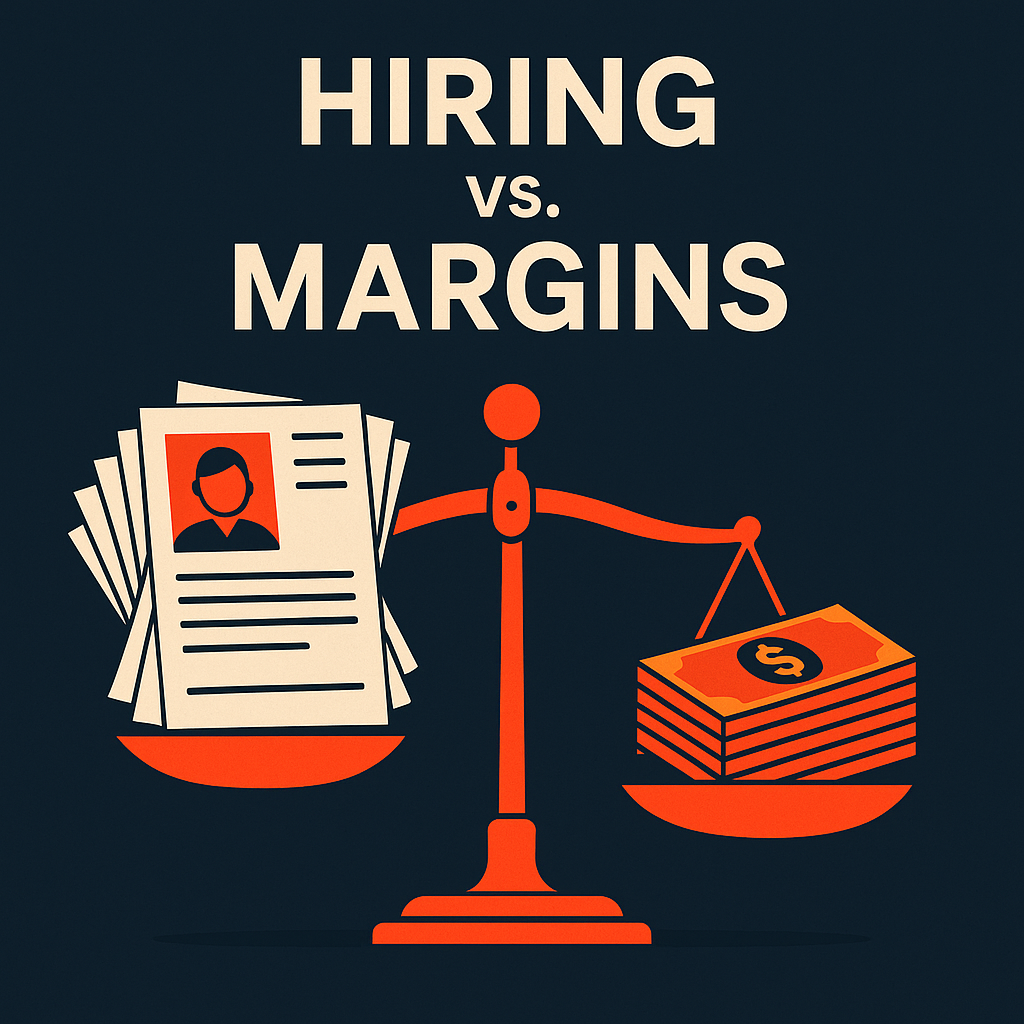 Hiring vs Margins Scale - Visual comparison showing how employee hiring costs impact business profit margins and the balance needed for scalable operations
