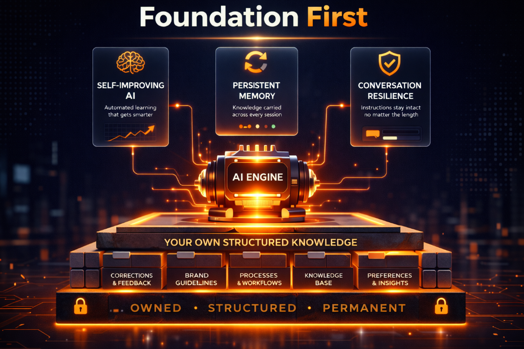 AI engine architecture diagram showing self-improving AI persistent memory and conversation resilience built on owned structured knowledge