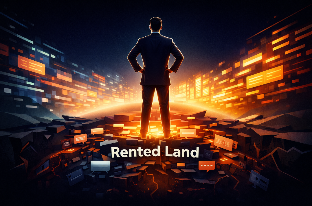 Business leader standing on crumbling digital platform with text Rented Land
