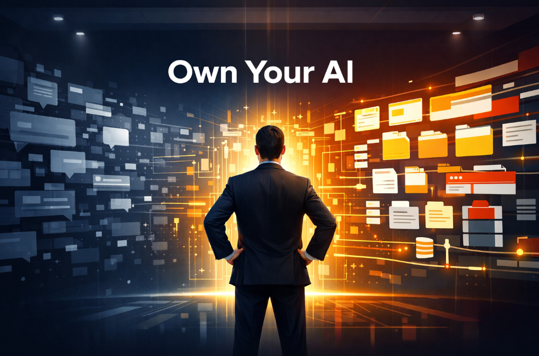 Business leader facing AI infrastructure dashboard with text Own Your AI