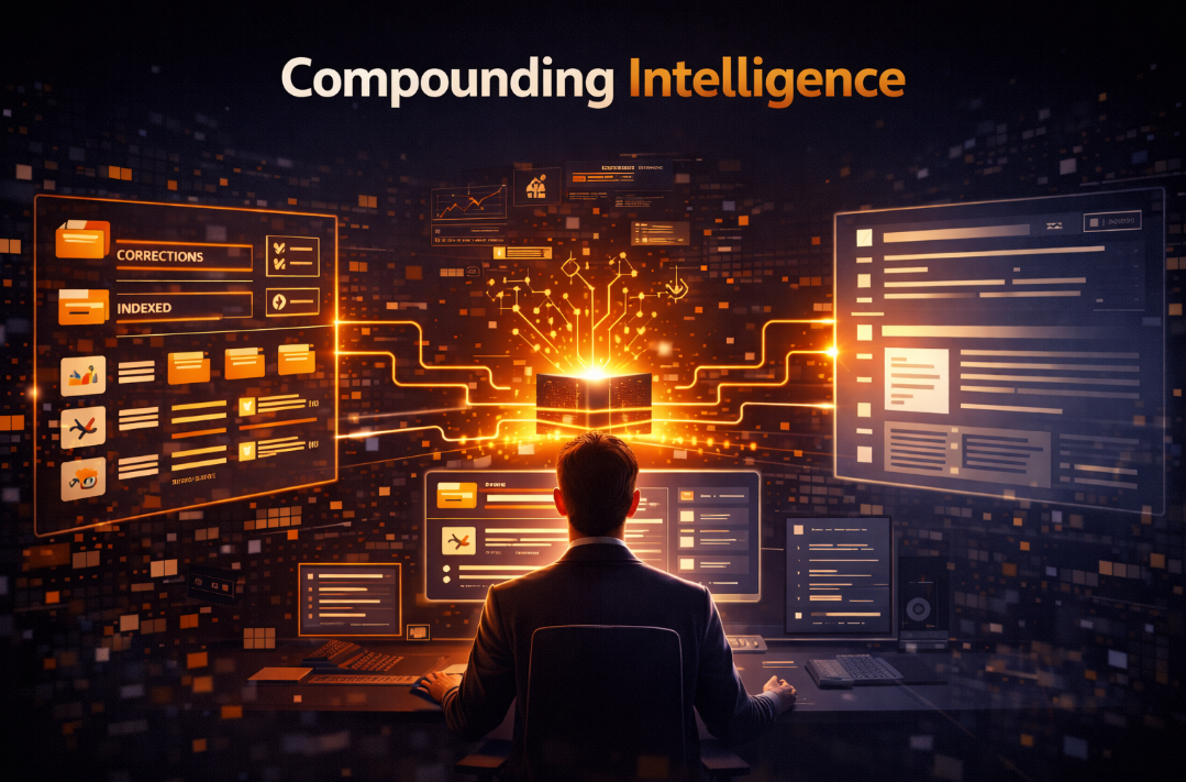 Compounding intelligence architecture: corrections indexed and loaded as context for next AI run